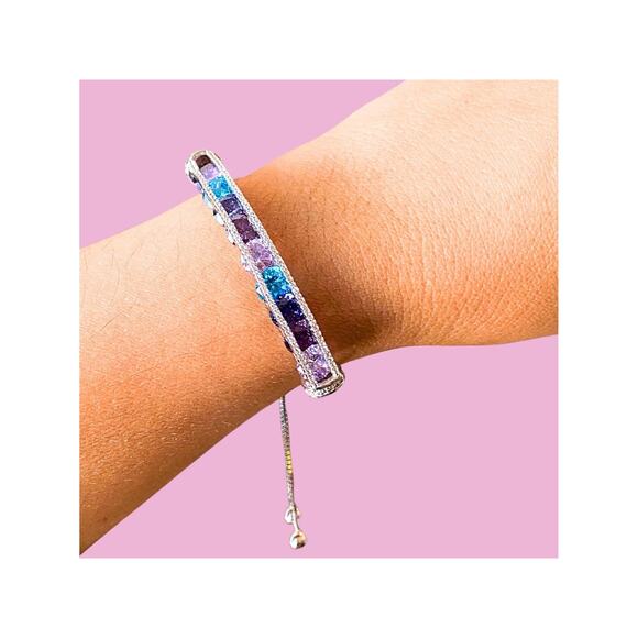 Cubic Zirconia And Sterling Silver Adjustable Bracelet Blue And Purple - Picture 2 of 6